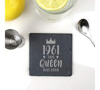 eBuyGB Drinks Mat, Placemat Engraved Square Coaster-1961 This Queen was Born Design-60th Women, Her-Sixtieth Birthday Gift for Mum, Slate