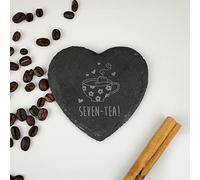 eBuyGB Engraved Heart Slate Coaster -Seven-Tea Design - 70th Birthday Gifts for Women, Her - Seventieth Birthday Gift for Mum, Grandma - Drinks Mat, Grey