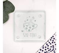 eBuyGB Engraved Square Glass Coaster -SIX-Tea Design - 60th Birthday Gifts for Women, Her - Sixtieth Birthday Gift for Mum, Grandma - Drinks Mat