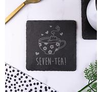 eBuyGB Engraved Square Slate Coaster -Seven-Tea Design - 70th Birthday Gifts for Women, Her - Seventieth Birthday Gift for Mum, Grandma - Drinks Mat
