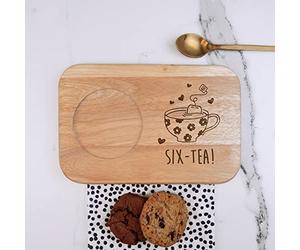 eBuyGB Engraved Tea & Biscuit Board -SIX-Tea Design - Wood Coffee Treat Board, 60th Birthday Gifts for Women, Her - Sixtieth Birthday Gift for Mum, Grandma, Brown