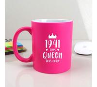 eBuyGB Gift for Mum Engraved Neon Pink Coffee Mug-1941 This Queen was Born Design-310ml Tea Cup, 80th Birthday Women, Her, Ceramic