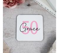 eBuyGB Personalised 50th Birthday Coaster, Fiftieth Drinks Mat with Name, Milestone Birthday, Wife, Friend, Mum, Tea Lover Gift