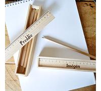 eBuyGB Personalised 6 Colouring Pencil Set with Wood Box and Engraved Ruler, Personalised Pencil Case, Kids School Office Stationary, Back To School - Any Name or Text