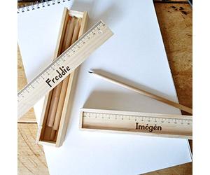 eBuyGB Personalised 6 Colouring Pencil Set with Wood Box and Engraved Ruler, Personalised Pencil Case, Kids School Office Stationary, Back To School - Any Name or Text