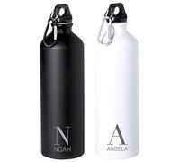 eBuyGB Personalised 800ml Stainless Steel Reusable BPA Free Matt Water Bottle with Carabiner Clip - Custom Name & Initial - Use for School, Gym, Outdoor, Yoga & Sports (Black)