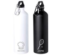 eBuyGB Personalised 800ml Stainless Steel Reusable BPA Free Matt Water Bottle with Carabiner Clip - Sports, Hobby Icon & Custom Name - Use for School, Gym, Outdoor & Yoga (Black)