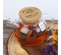 eBuyGB Personalised Borosilicate Glass Tea Pot, 1L Grandma's Tea, Made with Love, Engraved Wooden Lid & Strainer, Birthday Gift for Nana, Granny