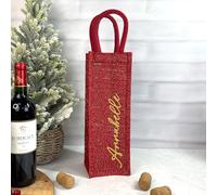 eBuyGB Personalised Bottle Bag with Name, Luxury Red Shimmer Jute Wine Gift Bag, Reusable Christmas Bottle Bag, Champagne & Spirit Gift Bag, Eco-Friendly Festive Packaging (Pack of 9)