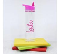 eBuyGB Personalised Children's Flip Straw Water Bottle for School, Nursery, 725ml Plastic Drinks Bottle with Carry Handle, Party Favour (Pink)