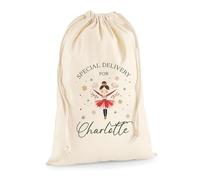 eBuyGB Personalised Christmas Santa Sack, Ballerina Design, Cotton Gift Bag with Name, Reusable Kids Present Sack, Small Christmas Eve Bag, Eco-Friendly Stocking (40 x 50 cm)