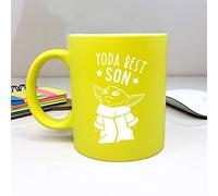 eBuyGB Personalised Coffee Mug, Neon Yellow Baby Yoda Mug, 310ml Star Wars Themed Tea Cup, Funny Gifts for Son from Mum & Dad (Yoda Best Son)
