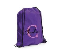 eBuyGB Personalised Drawstring Bag with Initial & Name, Monogrammed Kids Backpack, Gym Rucksack, School Sport Bag, Children's PE Kit (Purple)