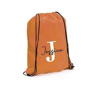 eBuyGB Personalised Drawstring Bag with Initial & Name, Monogrammed Kids Backpack, Gym Rucksack, School Sport Bag, Children's PE Kit (Orange)
