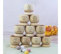 eBuyGB Personalised Egg Cup, Engraved Wooden Egg Cup, Easter Gift for Kids, Dippy Egg Holder with 10 Icon Choices, Squirrel, Tractor, Chicken, Frog (Pack of 7)