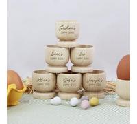 eBuyGB Personalised Egg Cup with Any Name, Engraved Wooden Egg Cup, Easter Gift for Kids, Dippy Egg Holder, 1st Easter Gift, Easter Stocking Filler (Pack of 8)