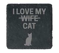 eBuyGB Personalised Engraved Square Slate Coasters Funny Valentines Day Stone Drinks Coaster for Husband, Wife, Boyfriend, Girlfriend - 'I Love My CAT'