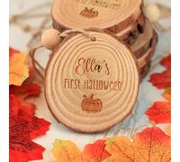 eBuyGB Personalised First Halloween Wood Slice Hanging Decoration, Engraved Wooden 1st Halloween Pumpkin Bauble Keepsake for Baby