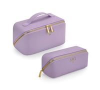 eBuyGB Personalised Flat Lay Make Up Bag Set, Small & Large Faux Leather Cosmetic Bag with Initials & Heart, Bridesmaid Gift, Travel Toiletry Bag (Lilac)