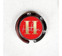eBuyGB Personalised Foldable Purse Hook, Folding Monogram Handbag Table Hanger, Portable Bag Hanger, Desk Hooks - Initial & Name (Red)