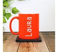 eBuyGB Personalised Girls Neon Coffee Mug 310ml Ceramic Laser Engraved Bright Fluorescent Matt Finish Tea Cup - Customised Birthday, Christmas, Wedding Gift Idea - Customise with Any Name (Orange)