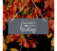 eBuyGB Personalised Gone Fishing Sign, Hanging Rectangle Slate Door Sign, 25x10cm Laser Engraved Angler Gift Plaque for Dad, Grandad, Husband