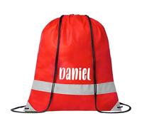 eBuyGB Personalised High Visibility Drawstring Rucksack, Name on Nylon School Bag with Safety Reflective Band, Backpack for PE Kit, Swimming Gear (Red)