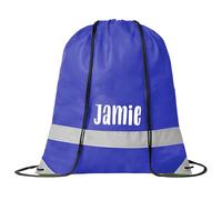 eBuyGB Personalised High Visibility Drawstring Rucksack, Name on Nylon School Bag with Safety Reflective Band, Backpack for PE Kit, Swimming Gear (Blue)
