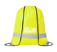 eBuyGB Personalised High Visibility Drawstring Rucksack, Name on Nylon School Bag with Safety Reflective Band, Backpack for PE Kit, Swimming Gear (Yellow)