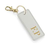 eBuyGB Personalised Initial Keyring, PU Leather Rectangle Keychain with Gold Clip, Monogram Bag Charm, Custom Gift for Her, Bridesmaid, Birthday or Christmas (Grey)