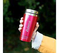 eBuyGB Personalised Insulated Travel Mug, Double Walled 450ml Reusable Drinks Flask, Travel Cup, Stainless Steel Tea/Coffee Cup (Pink)