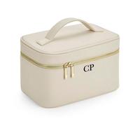 eBuyGB Personalised Makeup Bag with Handle, Vanity Make Up Accessory Case with Initials, PU Leather Toiletry Bag, Monogram Cosmetic Travel Case (Oyster)