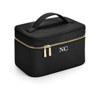 eBuyGB Personalised Makeup Bag with Handle, Vanity Make Up Accessory Case with Initials, PU Leather Toiletry Bag, Monogram Cosmetic Travel Case (Black)