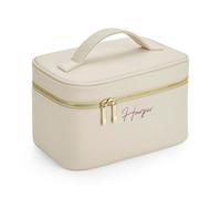 eBuyGB Personalised Makeup Bag with Name, Cosmetics Bag, Vanity Case with Handle, PU Leather Toiletry Bag, Travel Bag, Gift for Her, Accessory Bag (Oyster)