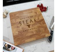 eBuyGB Personalised Master of Steak Cutting Board, Engraved Wooden Butcher’s Block, Square End-Grain Chopping Board for Him, BBQ Gift for Dad, Husband or Grandad, Steak Lover Kitchen Gift