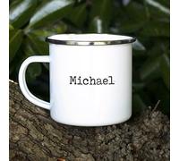 eBuyGB Personalised Metal Enamel Mug with Custom Name, White 380 ml Laser Engraved Tin Tea Cup, Camping, Fishing, Outdoor Mug
