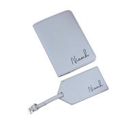 eBuyGB Personalised Named Passport Holder & Luggage Tag Travel Set, Travel Gift, PU Leather Suitcase Tag & Passport Covers (Soft Grey)