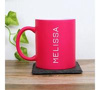eBuyGB Personalised Neon Coffee Mug 310ml Ceramic Laser Engraved Bright Fluorescent Matt Finish Tea Cup - Customised Birthday, Christmas, Wedding Gift Idea - Unisex Custom Name (Fuschia)