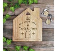 eBuyGB Personalised Our First Home House Board, Couples House Warming Chopping/Cutting Board, Moving House Gift, New Home with Matching His & Hers Keyring Option