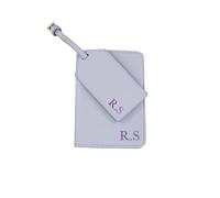 eBuyGB Personalised Passport Holder & Luggage Tag Travel Set with Initials, PU Leather Luggage, Passport Covers, Honeymoon Gift for Couple (Soft Grey)