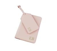 eBuyGB Personalised Passport Holder & Luggage Tag Travel Set with Initials, PU Leather Luggage, Passport Covers, Honeymoon Gift for Couple (Soft Pink)
