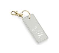 eBuyGB Personalised PU Leather Keyring, Custom Name Key Chain, Gift for Her, Bridesmaid Bag Charm, Car Keyring, Wedding Party Favour (Soft Grey)