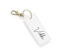 eBuyGB Personalised PU Leather Keyring, Custom Name Key Chain, Gift for Her, Bridesmaid Bag Charm, Car Keyring, Wedding Party Favour (Soft White)