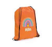 eBuyGB Personalised Rainbow Drawstring Bag, Childs PE Bag, Sports Day Bag, Girls Swimming Bag, Custom Name, Party Goodie Bag, Primary School PE Kit (Orange)