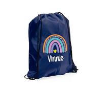 eBuyGB Personalised Rainbow Drawstring, Childs PE, Sports Day, Girls Swimming, Custom Name, Party Goodie, Primary School PE Kit (Navy)