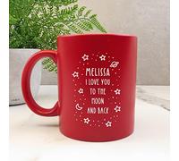 eBuyGB Personalised Red Mug, I Love You to The Moon & Back, 350ml Engraved Ceramic Coffee Mug, Valentine's Day, Mother's Day, Birthday Gift