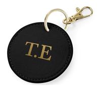 eBuyGB Personalised Round Initial Keyring, Bag Tag PU Leather Keychain, Monogram Key Ring, Luggage Tags, Party Bag Filler, Bridesmaid Gifts (Black)