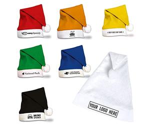 eBuyGB Personalised Santa Hat for Adults, Black Polyester Christmas Hat, One Size Xmas Hats, Staff Party, Christmas Party Hats with Custom Business, Company Logo, Design (Pack of 5)