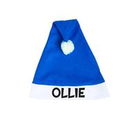 eBuyGB Personalised Santa Hat with Name, Custom Christmas Hat for Adults, Colourful Xmas Staff Party Hats, Unisex Customisable Holiday Hat - Pack of 5 (Blue)