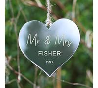 eBuyGB Personalised Silver Mr & Mrs Heart Shaped Decoration, 25th Wedding Anniversary, Mirrored Hanging Ornament, Commemorative for Parents, Grandparents, 25 Years Married